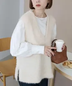 《美品》Discoatディスコート ラメフェザーヤーンベスト白アイボリー