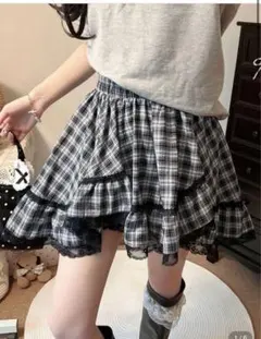 韓国風コントラストレースアシンメトリーレイヤードアンチエクスポージャースカート