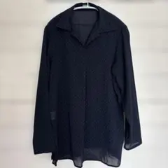 ネイビー 花柄 長袖シャツ Vネック　シースルーシャツ　細身