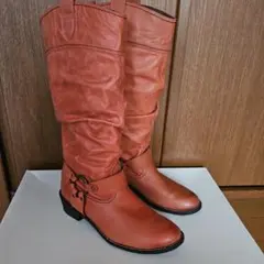 オレンジレザー ロングブーツ ヒール4cm