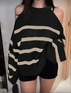 SHEIN DAZYオフショルダー長袖ニット ダークグリーンストライプ