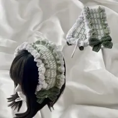 【 現品限り 】 編み物 かぎ針編み ヘッドドレス フリル チェック 緑 白