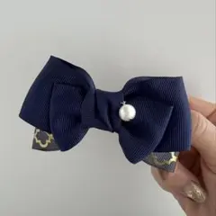 【オーダーメイド品】モロッカン柄ボリュームリボンバレッタパール付(ポニーフック可