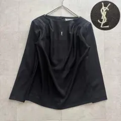 イヴサンローラン　カットソー　ブラウス　ロゴ刺繍　黒　ボタン　シルク混　S