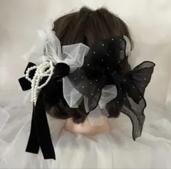A.20＊パールリボン×蝶々×ブラックリボンの髪飾り＊結婚式 成人式 卒業式