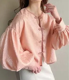 JUNOH ジュノア ジャガードチャイナルーズシャツ　ピンク　M 長袖ブラウス