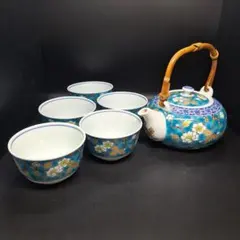 有田焼　龍峰窯　青彩桜花柄　茶器セット　急須　茶碗