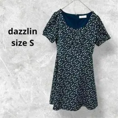 ダズリン 半袖ひざ丈ワンピース ネイビー 花柄 スクープネック s6267