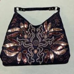 未使用　ファブリック ショルダーバッグ ハンドクラフト ビーズ スパンコール
