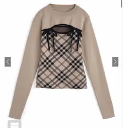 チェック柄フロントオープンリボンニットトップス[ru1374]