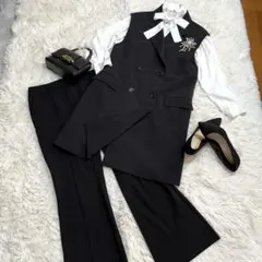 XL サイズ★セレモニー 3点セット✨入園式　入学　ジレ　ママスーツ★ロング 黒