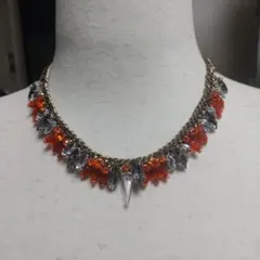 ヴィンテージオレンジクリスタル装飾付きチェーンネックレス　ストーンUSED古着