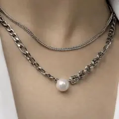 ★再入荷未定★ ステンレス 2set デザインチェーン　淡水パール　ネックレス