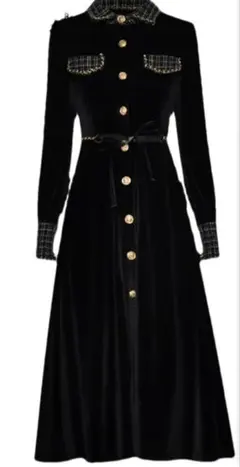 フレンチスタイル ブラックベルベットドレス M