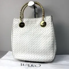 良品✨WAKO ハンドバッグ 編み込み レザー ゴールド金具 ロゴ ホワイト