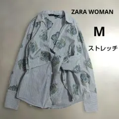 ZARA WOMAN　花柄刺繍シャツ　オープンカラー　ストライプ　Mサイズ