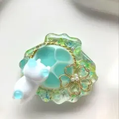 レジン ヘアゴム 海塗り2色 シェル 猫ちゃん ブルー＆ミント◡̈