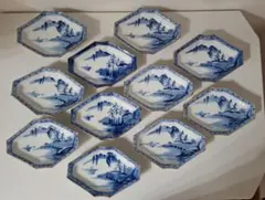 明治期染付山水柄変わり皿　青い風景画の八角形陶器皿1１枚セット
