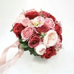 赤ピンクバラのウェディングブーケ、ブートニアセット