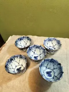 光琳窯白地に竹笹と雀の模様湯飲み5個セット