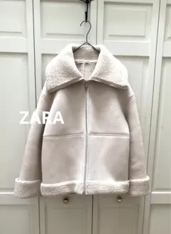 ZARA アイボリー ボア襟 ムートンコート　ジャケット　裏総ボア　ポケット付き