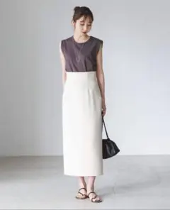 未使用級★NOBLE ジャージーライク カラー タイトスカート 白 ホワイト