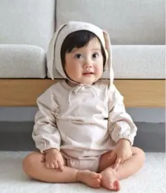 puppapupo 長袖ロンパース　ボンネット付き　うさぎ　マーガレット