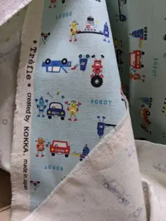 【お買得１メートル!! 】trefle 綿麻生地　ロボット　車(空色)