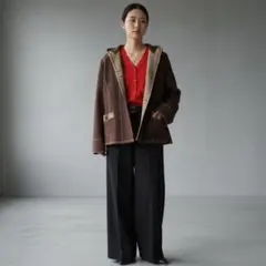 フード付き ウール調 ジャケット ブラウン 配色デザイン 羽織り アウター