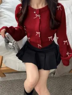 GRL♡タグ付きリボン装飾 クロップドニット 赤