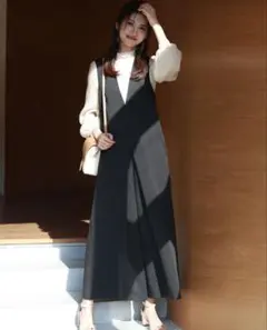 セゾンドパピヨン　ディープVネックサロペット　Lサイズ　ブラック