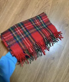 赤いチェック柄マフラー フリンジ付き30×140