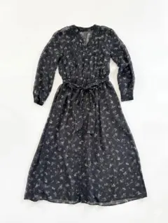 美品【ANAYI】シフォンストライプフラワー柄ギャザーワンピースブルー
