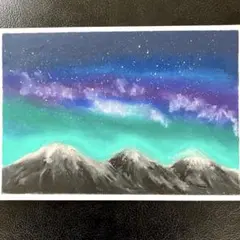 カルガモ親子と星空 風景画 オイルパステル画 原画 ハガキサイズ 絵画