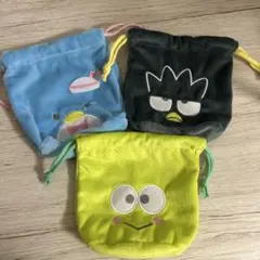 はぴだんぶい　ふわふわフェイス巾着　バツ丸　けろっぴ　タキシードサム　セット