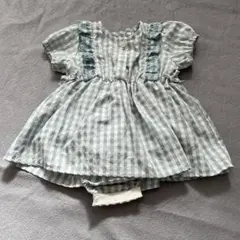 水色チェック フリル付きロンパース 約70cm