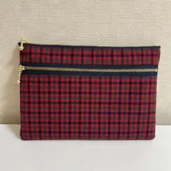 ファミリア風赤チェック、ダブルファスナーポーチ