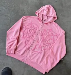 ピンク 刺繍入り フルジップパーカー