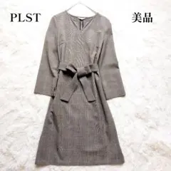美品✨PLST ワンピース グレンチェック リボンベルト グレー S