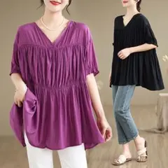 3色展開 Vネック カジュアル 無地 ブラウス 着痩せ プルオーバー フリー