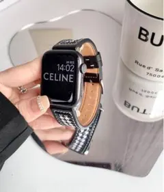 Apple Watch ブラックベルト38/40/41/S42mm白×黒千鳥格子