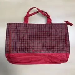 ファミリア　ナイロン　赤とチェック柄 手提げ袋　FX くま　刺繍