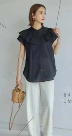 【10/14まで】田中里奈フリルカラー 半袖ブラウス ブラック M