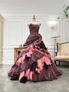 9〜13号ボルドー×ピンクのフリルドレス