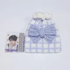 編み物 チェック柄のリボン巾着ポーチ ハンドメイド【大容量】