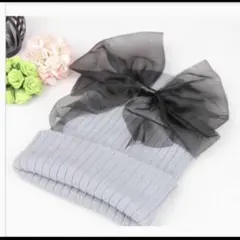 おしゃれ❣️大きいリボン付き　ニット帽　ベビー　キッズ　グレー