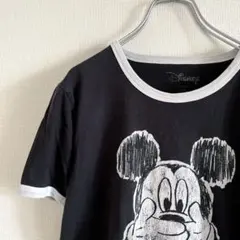 used ミッキーデザインTシャツ リンガーネック ブラック ホワイト 古着のサムネイル