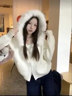 shein ファーパーカー ホワイト