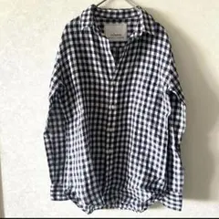 美品　レリューム　リネンシャツ　ギンガムチェック　ネイビー　麻100%のサムネイル