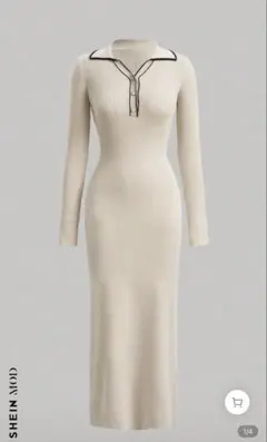 ポロネックニットロングワンピース クリーム色